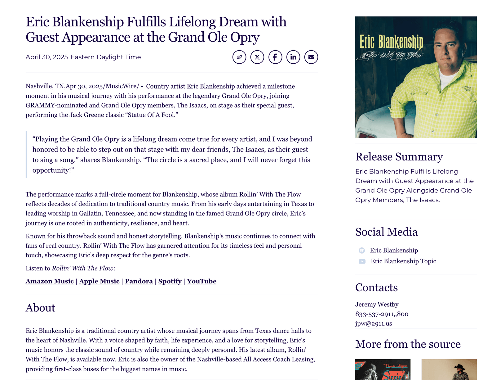 Music Appearance, Guest Appearance sample press release