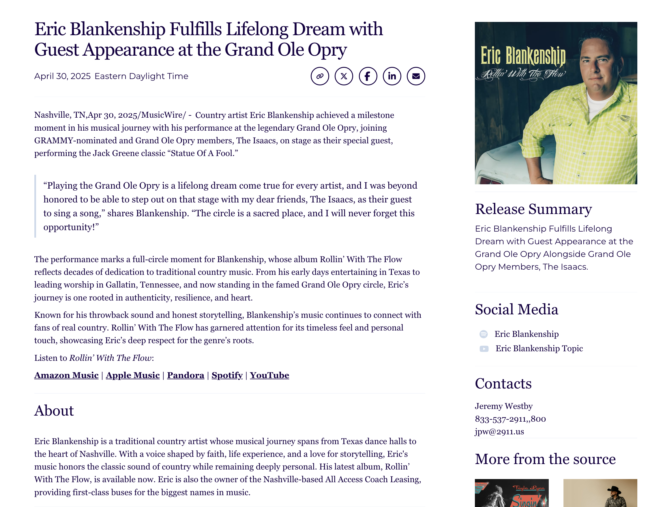 Music Appearance, Guest Appearance sample press release