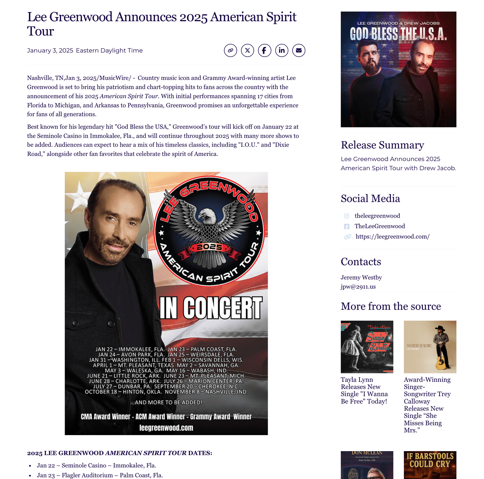 Music Tour Announcement, sample press release