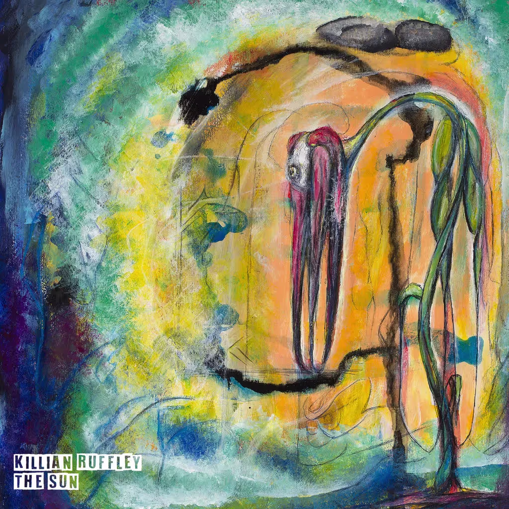 Killian Ruffley, "The Sun" cover art: A colorful surrealistic art of a bird, plant and the sun, crayon techniques.