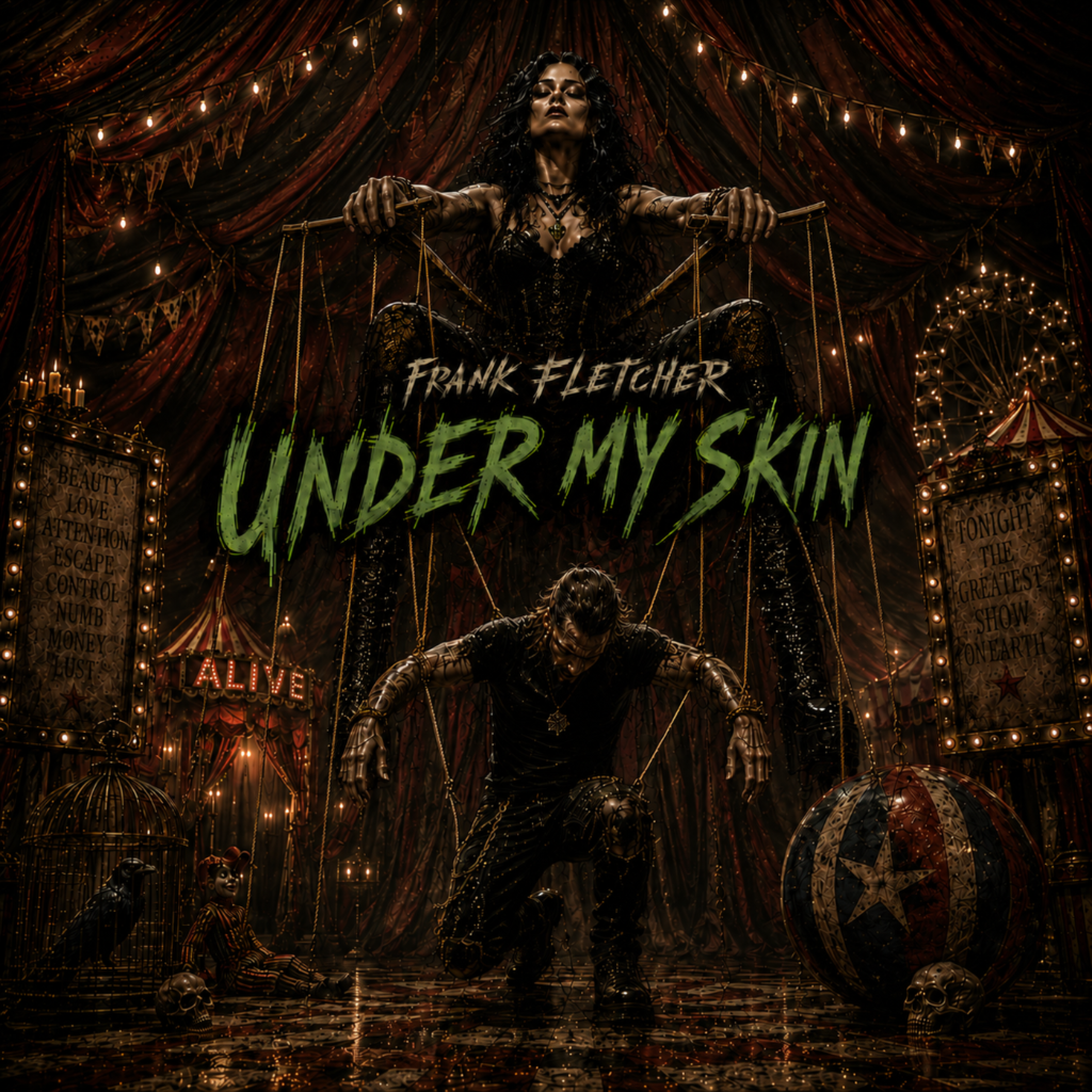 Portada del single “Under My Skin” de Frank Fletcher: una escena de circo gótica con un titiritero de marionetas que controla a un hombre arrodillado en medio de imágenes de carnaval oscuro.