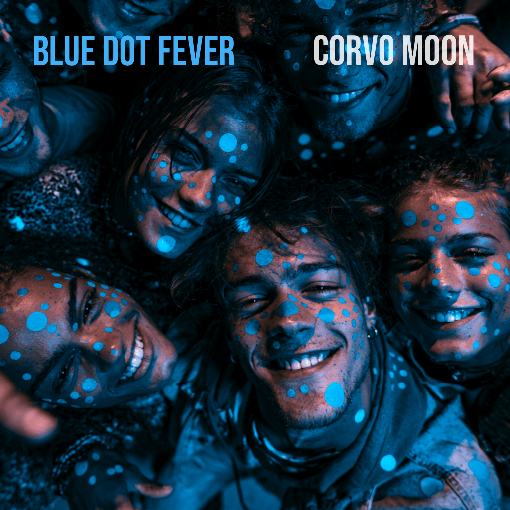 Single cover for "Blue Dot Fever" by Corvo Moon, showing happy audience members clustered together, with their faces covered in blue dots.