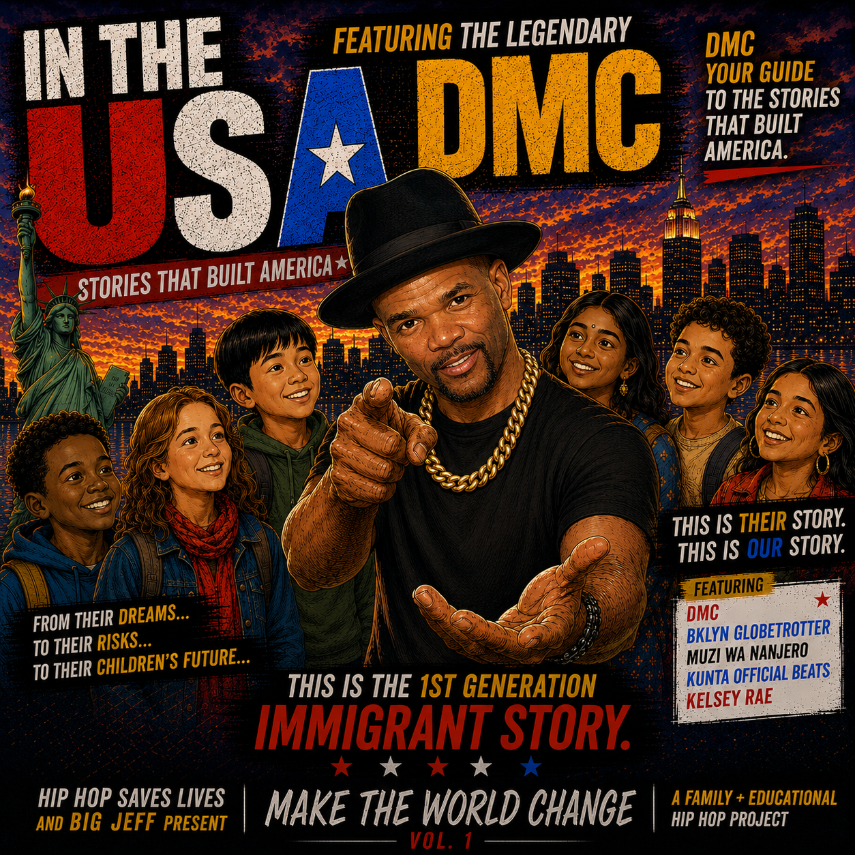 Illustration of DMC with children against the New York City skyline.