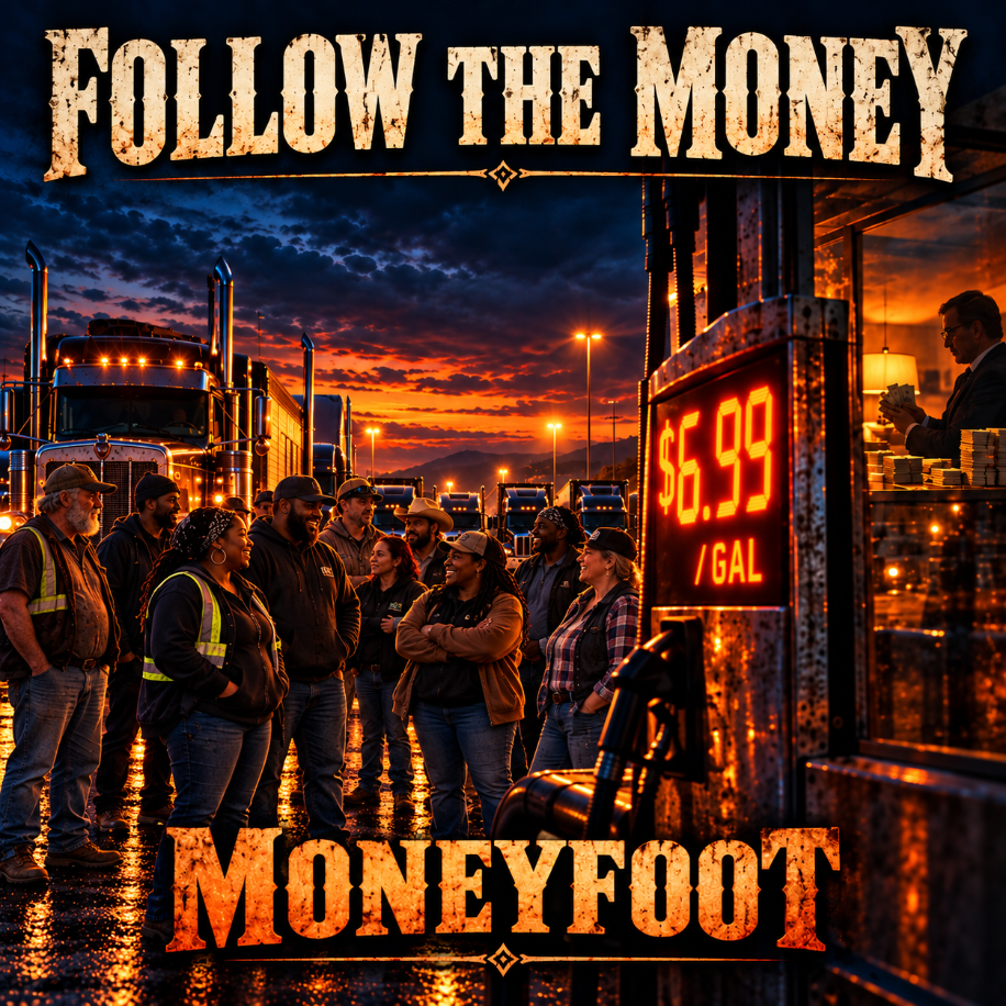 MoneyFoot™’s “Follow the Money” single cover, depicting truck drivers and semi-trucks at a truck stop at sunset.